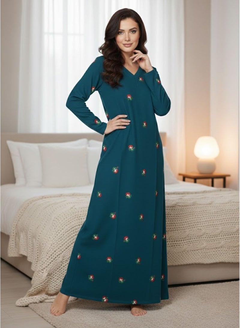 بريميم جلابية نسائية ماكسي بلون أخضر مخضر بطبعة براعم الورد - جلابية رمضان - بياقة على شكل حرف V، وأكمام طويلة، وقماش محبوك ناعم مطاطي، ونقشة زهور بسيطة - Image 4